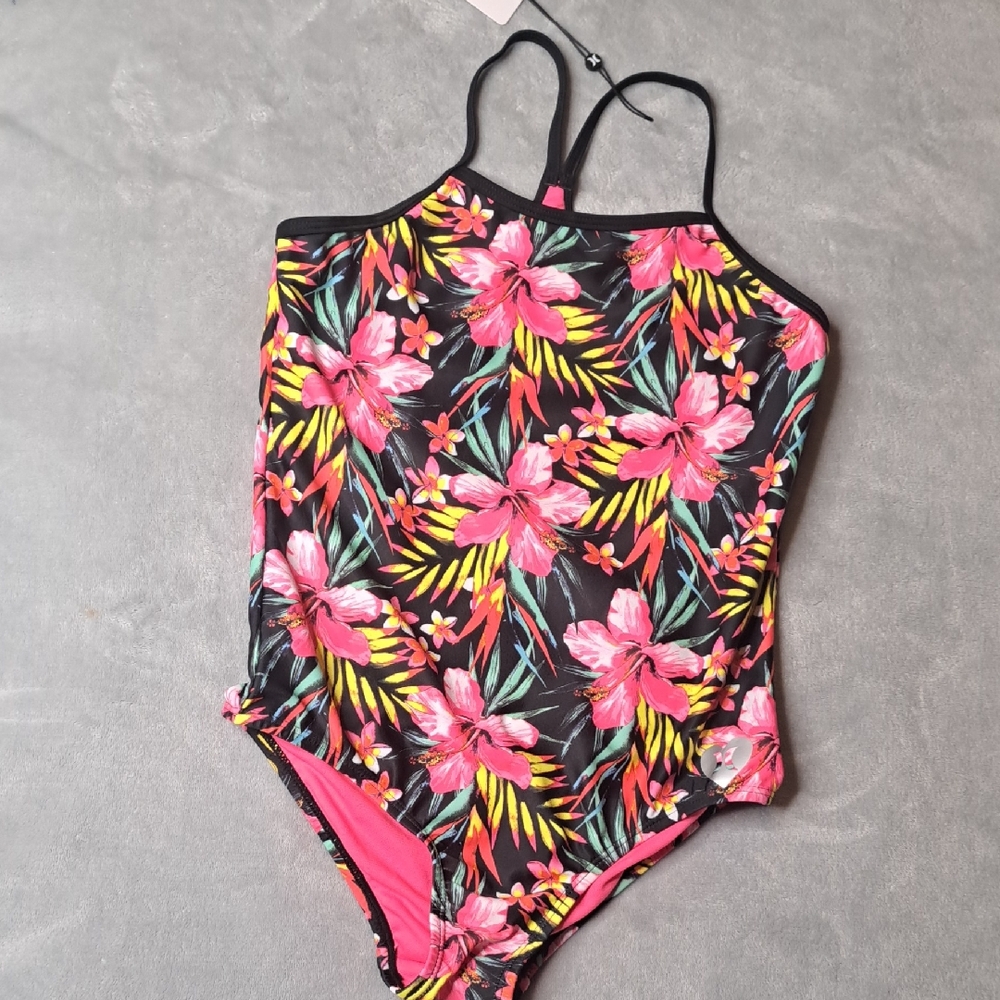 NWT Hurley Girls Black Hyper Pink Floral Tropical One Piece Swimsuit 10/12